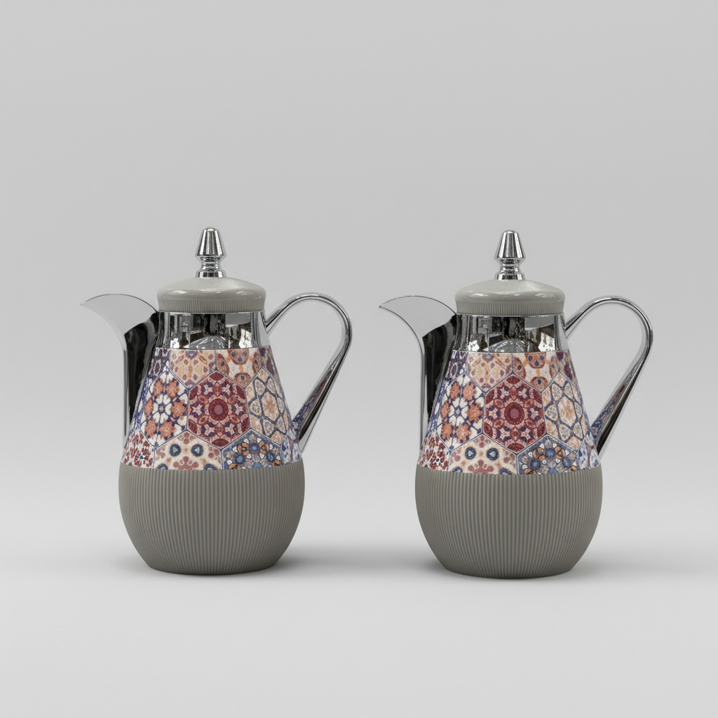 طقم دِلَّة الفُسَيْفِساء – قهوة وشاي (350ml + 500ml) – أبيض مزخرف