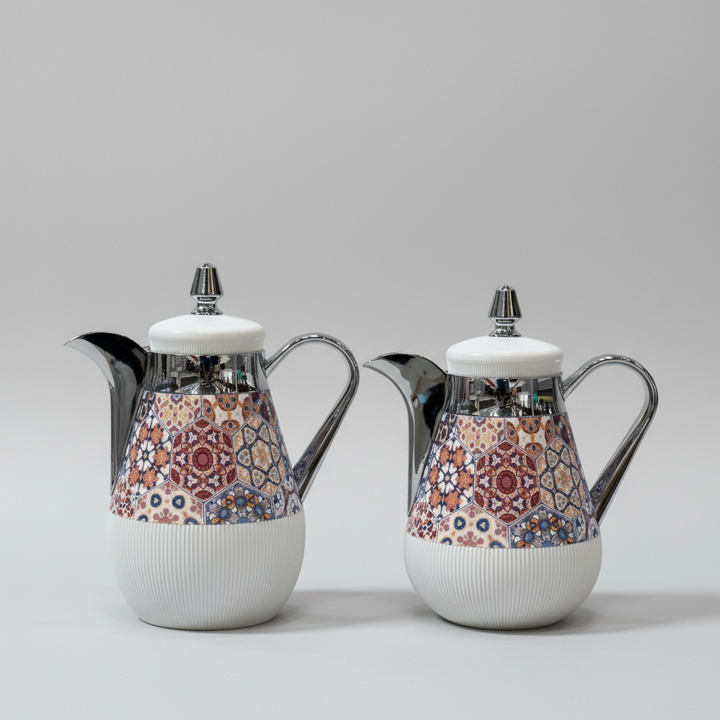 طقم دِلَّة الفُسَيْفِساء – قهوة وشاي (350ml + 500ml) – أبيض مزخرف