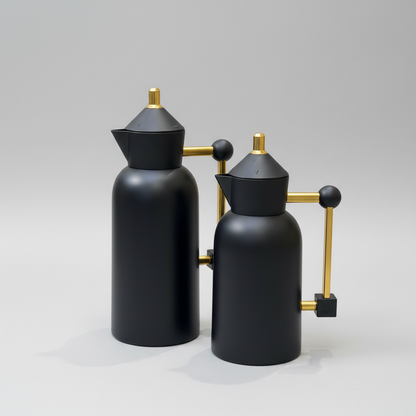 طقم دِلَّة العِزّ – قهوة وشاي (1L + 700ml) – أسود مطفي مع ذهبي