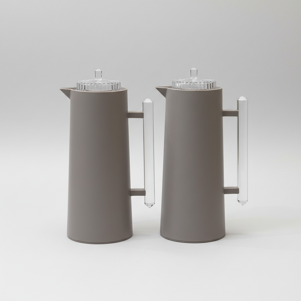 طقم دِلَّة الضِّيَافَة الحَدِيث – قهوة وشاي (1L + 700ml) – رمادي بمقابض أكريلك شفافة