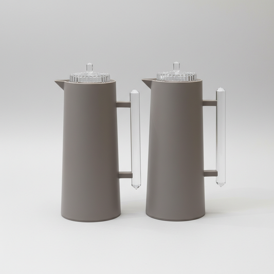 طقم دِلَّة الضِّيَافَة الحَدِيث – قهوة وشاي (1L + 700ml) – رمادي بمقابض أكريلك شفافة